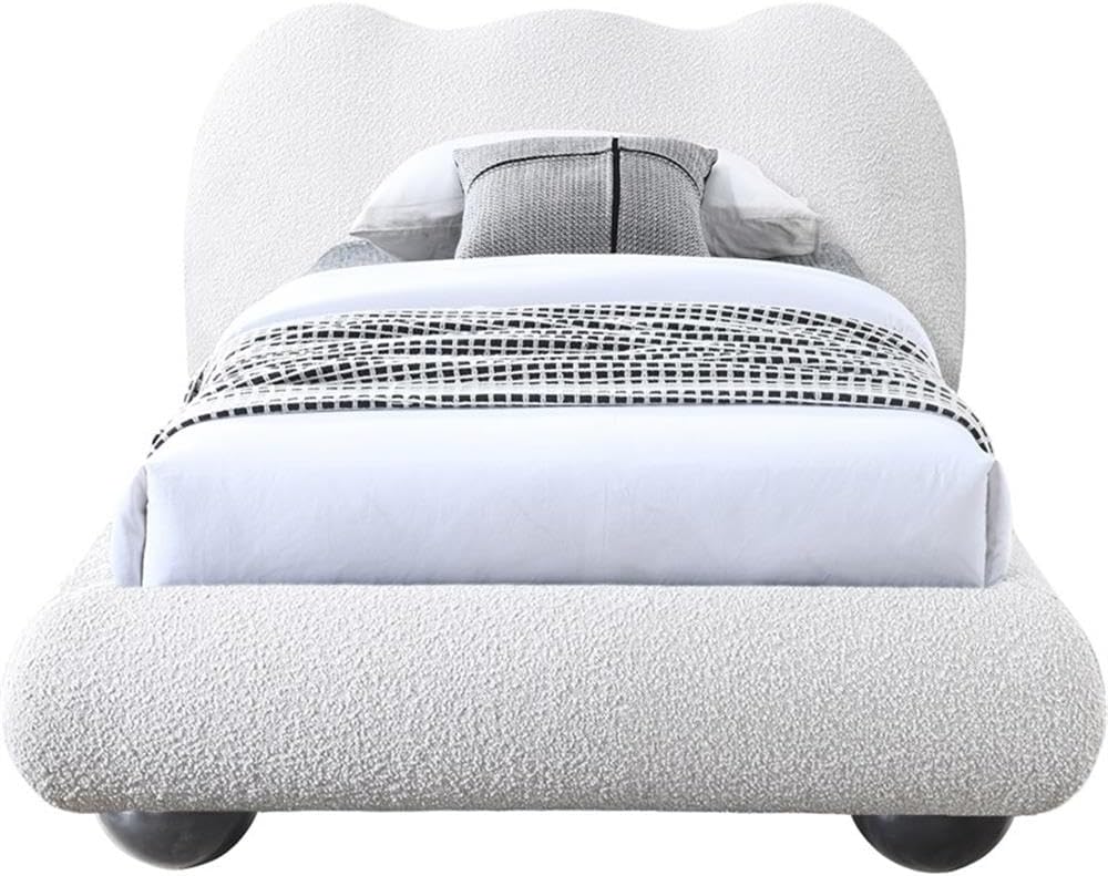 Meridian Furniture HydeCream-T Hyde Collection Modern | Contemporary Twin Bed with Rich Cream Boucle Fabric, Both Natural and Black Finish Solid Wood Legs, 54.5' W x 85.5' D x 35.75' H, Cream, Twin