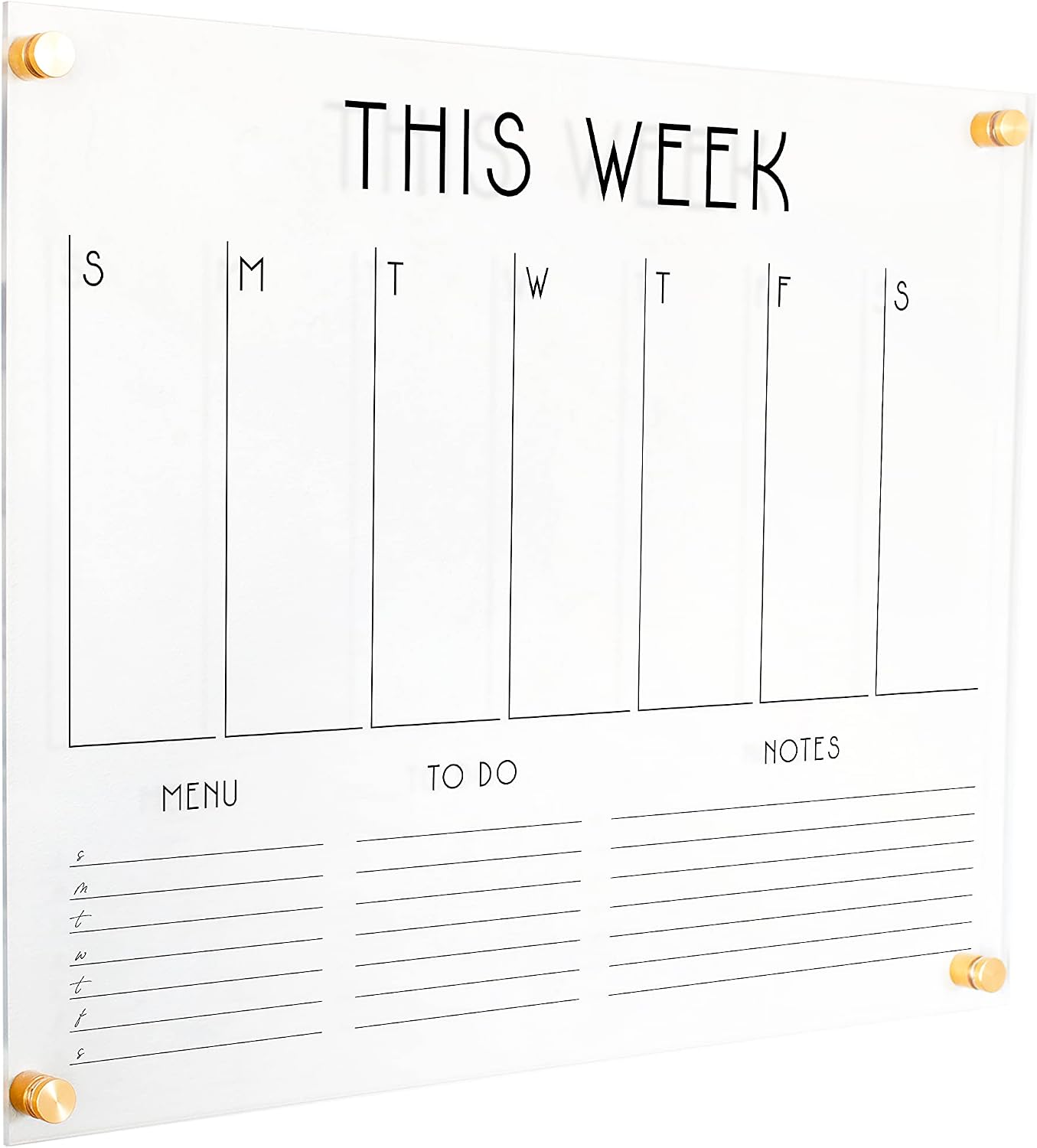 Personalized Acrylic Calendar for Wall Horizontal Weekly Calendar with 3 custom sections (23'Wx18.5'H, Champagne Gold Standoffs)