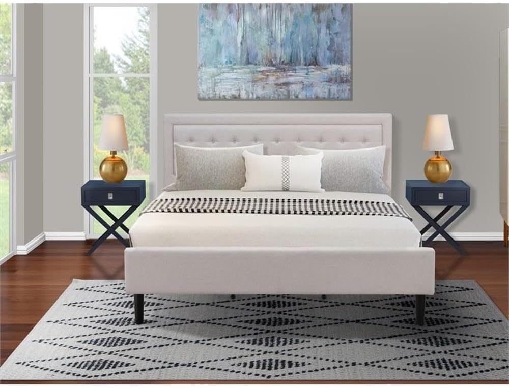 East West Furniture FN08K-2HAE0 3-Piece Fannin King Size Bedroom Set with 1 Mid Century Bed and 2 Mid Century Modern Nightstands - Reliable and Sturdy Manufacturing - Mist Beige Linen Fabric