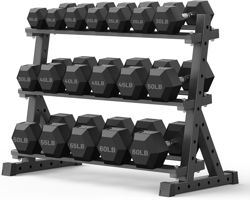 PAPABABE Hex Dumbbell Set with Rack, Rubber Encased Free Weight with Weight Storage Racks, Multiple Weight Options for Home Gym and Fitness