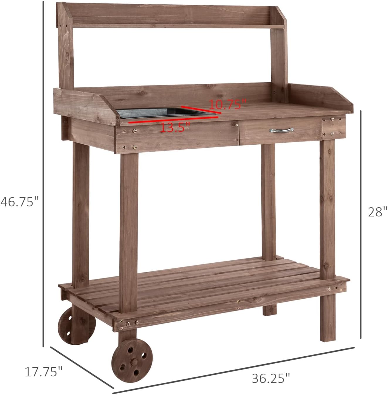 36' Wooden Potting Bench Work Table with 2 Removable Wheels, Sink, Drawer & Large Storage Spaces, Brown