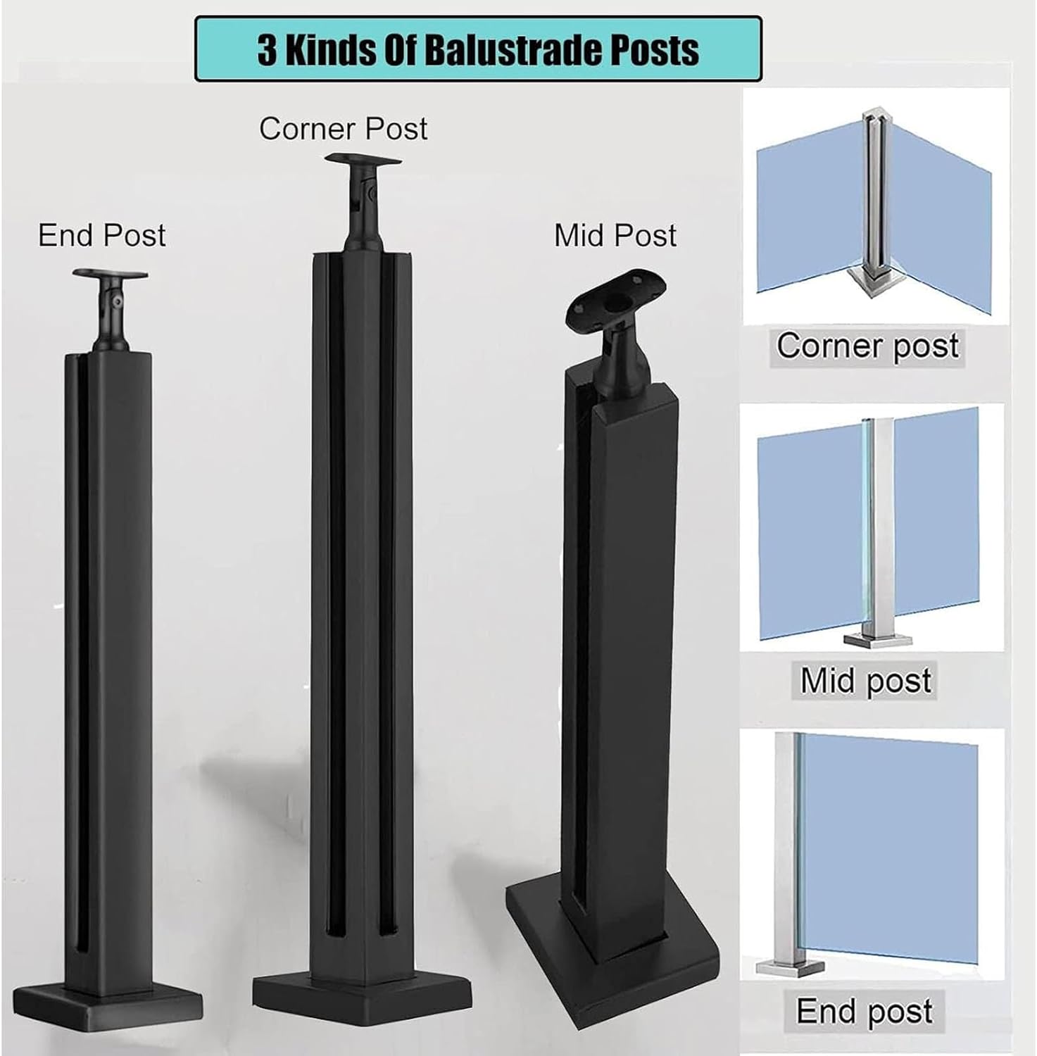 Black Glass Deck Railing Square Post for Outdoor Handrails/Balustrade Kits, Stainless Steel Glass Fence Pole for Balcony/Patio Stairs Fencing/Glass Panels, for 3/8' or 1/2' Thick Glass(End Post,Height