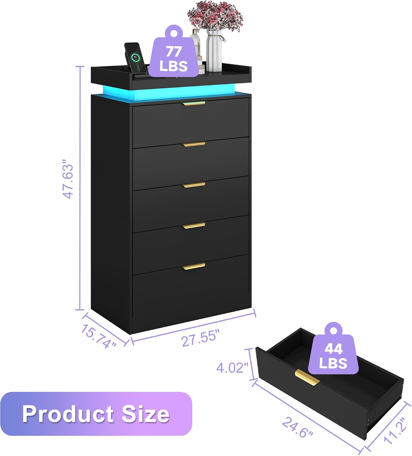 UNIQUITE Tall Dresser for Bedroom, Black Dresser with LED Lights, Wood 5 Drawer Chest with Power Outlet, Modern Tall Chest of Drawers for Bedroom, Entryway, Hallway