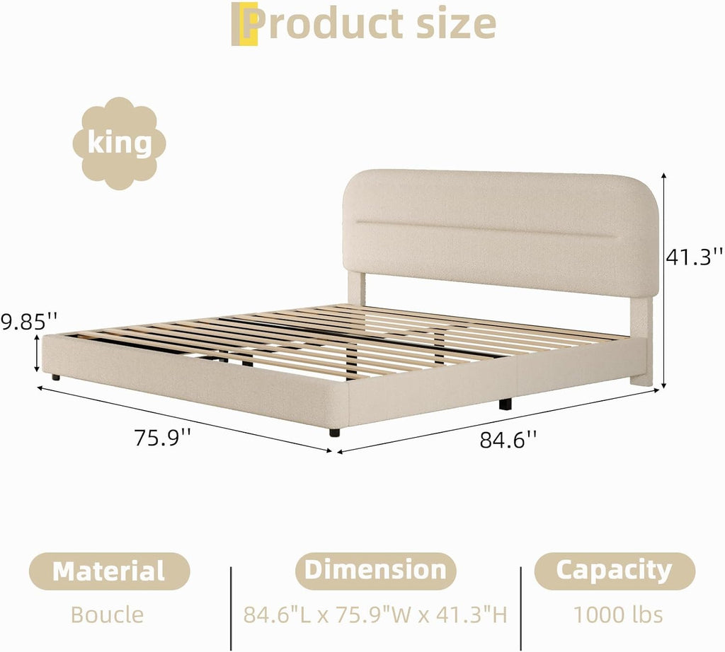 HOMBCK King Size Bed Frame, Upholstered Boucle Bed Frame King with Headboard, Soft Cloud Bed Frames with Thickened Footboard, Rounded Corners, No Box Spring Required, Easy Assembly, Cream
