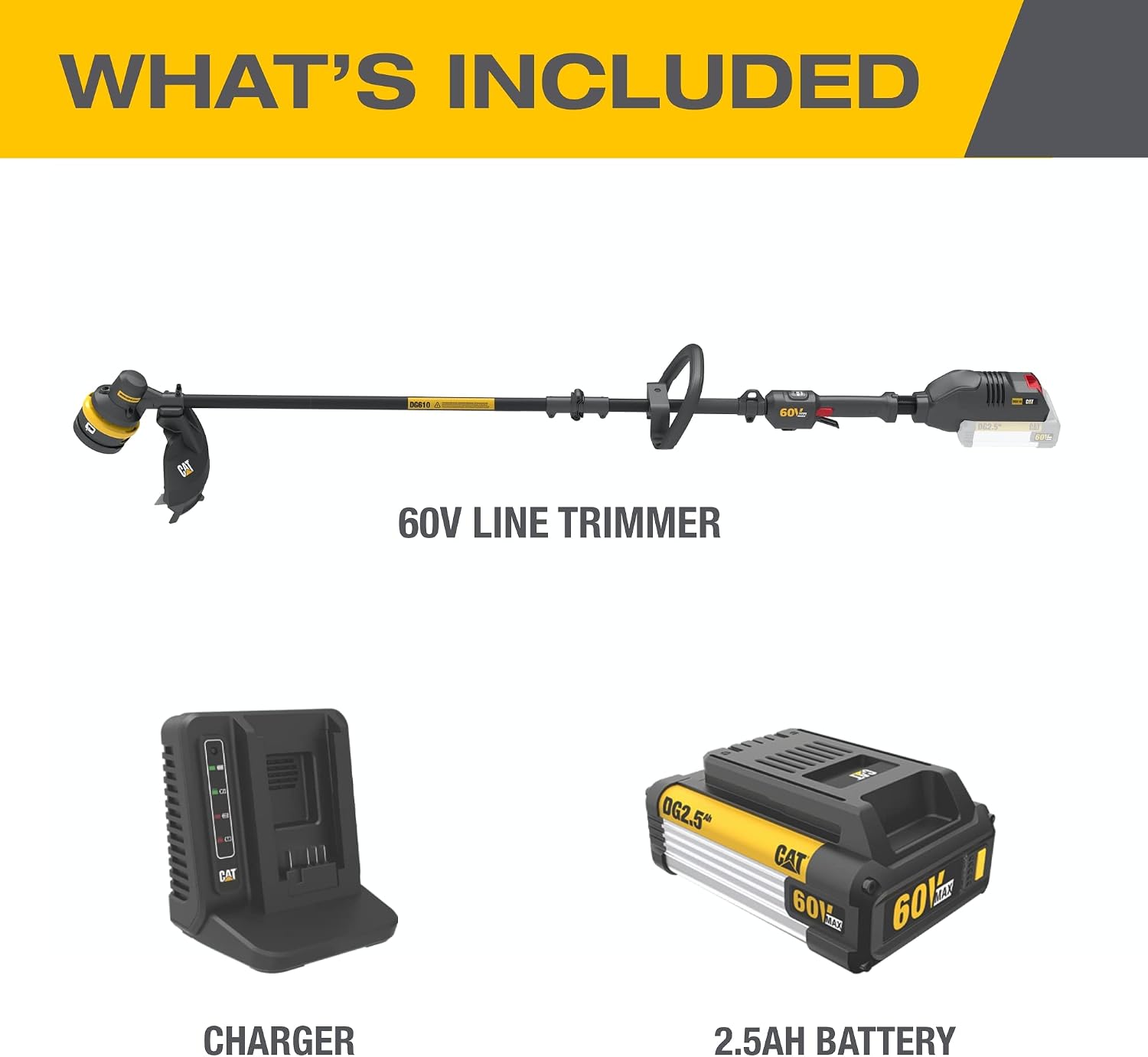 Cat DG610 60V 15' Brushless String Trimmer Cordless with Dual Line Bump Feed Head, Edger with Quick Line Load, Weed Trimmer with ECO Mode for Extended Runtime – Battery & Charger Included
