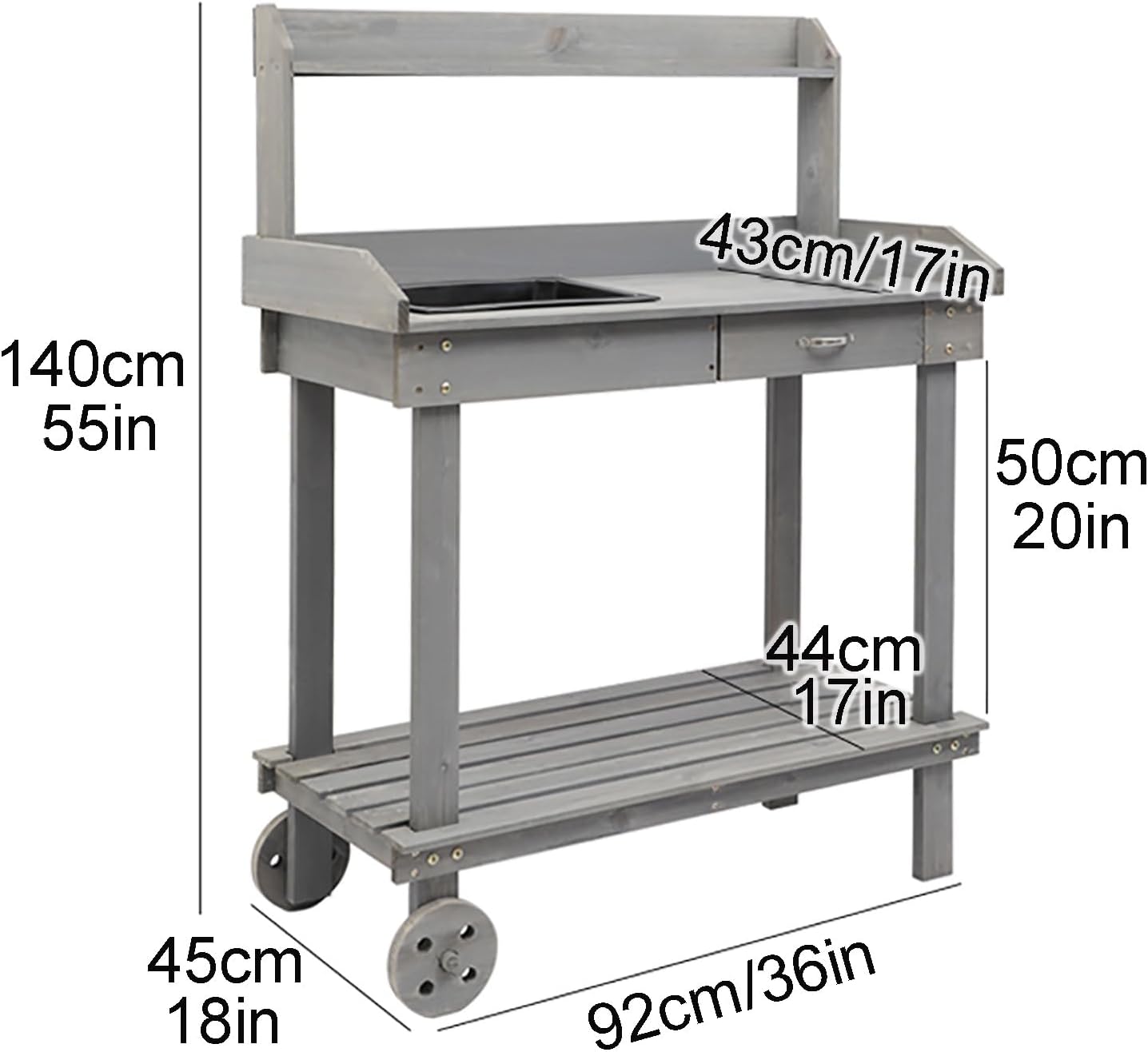 Wooden Potting Bench Work Table, Wooden Gardening Plant Workstation Natural Solid Wood Garden Potting Station with 2 Wheels and Drawer Sink Hook Open Shelf for Outside Patio Lawn Garden