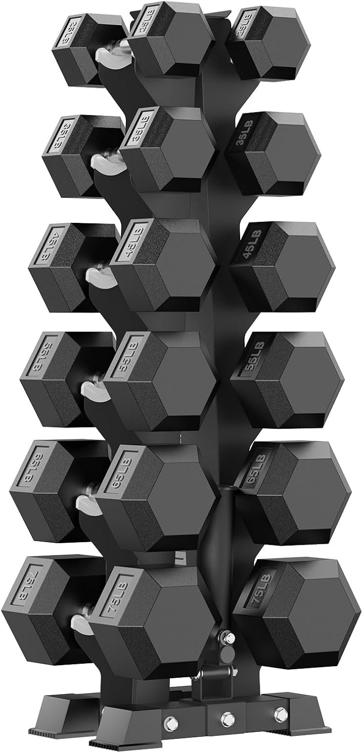 PAPABABE Hex Dumbbell Sets with Rack, 100-600lb Rubber Coated Dumbbell Weight Set and Storage Rack, Multiple Options Hand Weights for Strength Training