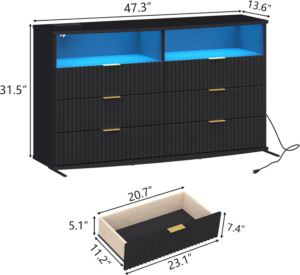 Gyfimoie Fluted 6 Drawer Dresser with LED Lights, Modern Black Chest of Drawers with Power Outlet & Curved Top, Wood Dresser TV Stand, Black Double Dresser for Bedroom, Living Room, Hallway