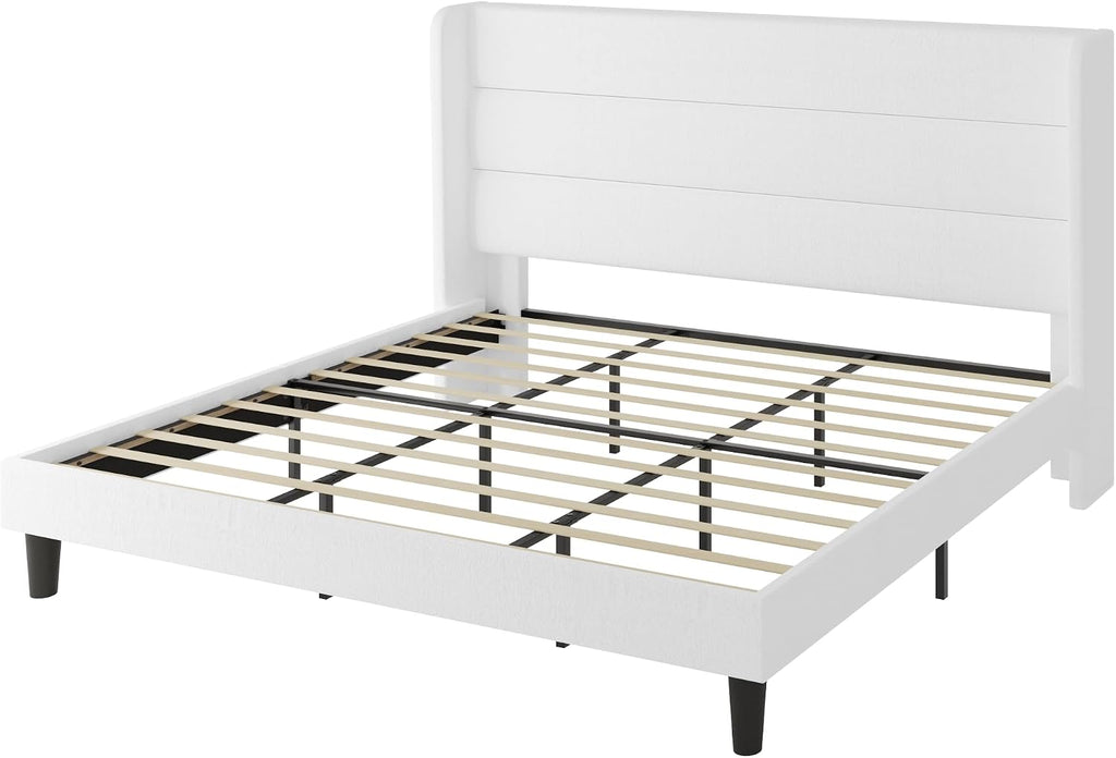 SHA CERLIN King Size Velvet Bed Frame with Wingback Headboard/Upholstered Platform Bed with Wooden Slats/Mattress Foundation/No Box Spring Needed/Easy Assembly/White
