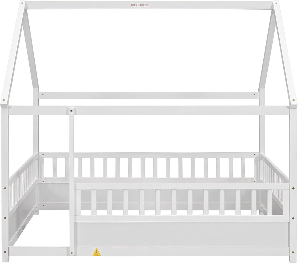 Bellemave Montessori Bed Full Size, Full Floor Bed with High Fence, House Beds for Kids, Girls, Boys, Easy Assemble Montessori Floor Beds, White