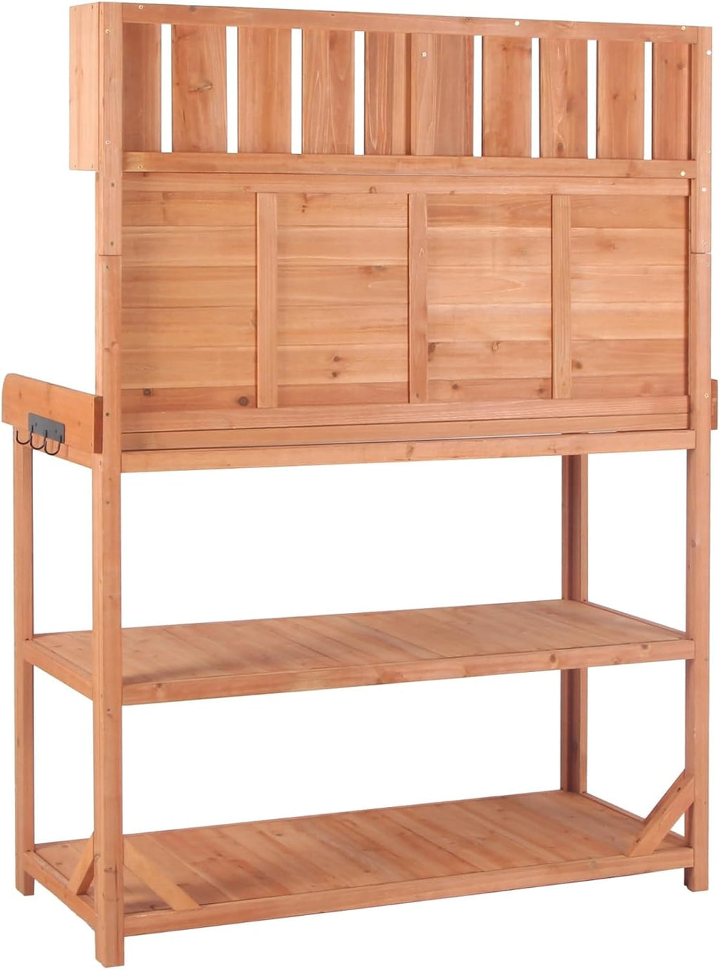65' Large Wooden Farmhouse Rustic Outdoor Potting Bench Table, Patio Workstation, Garden Potting Bench with 4 Storage Shelves and Side Hook,Natural