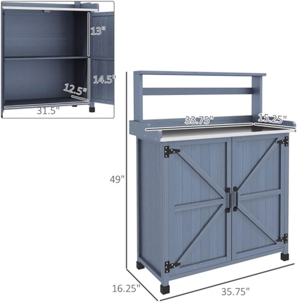 Garden Potting Bench Table with Storage Cabinet and Metal-Plated Tabletop, Top Shelves, Non-Slip Foot Mats, All-Weather Outdoor Potting Bench Work Station for Outside Lawn Patio