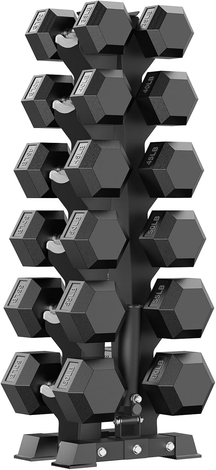 PAPABABE Hex Dumbbell Sets with Rack, 100-600lb Rubber Coated Dumbbell Weight Set and Storage Rack, Multiple Options Hand Weights for Strength Training