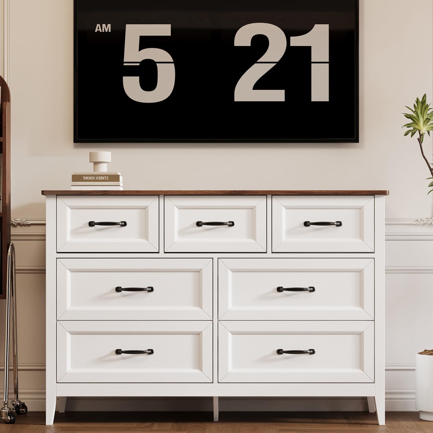 Gizoon Farmhouse 7 Drawers Dresser, White Chest of Drawers with Metal Handles, 47' Wide Wooden Storage Organizer for Bedroom, Hallway, Living Room, Tabletop-Retro