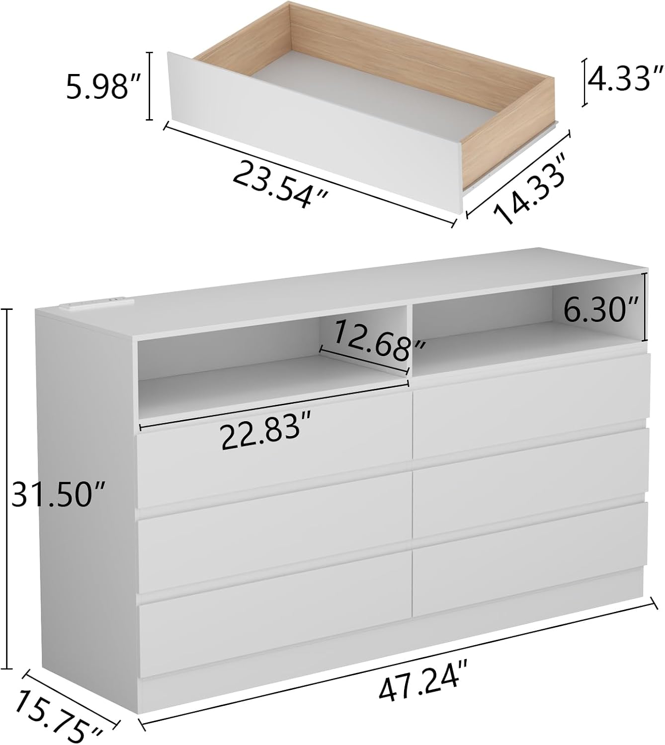Loomie 6 Drawers Dresser, White Accent Chests of Drawers with Power Outlet and LED Light for Bedroom Living Romm