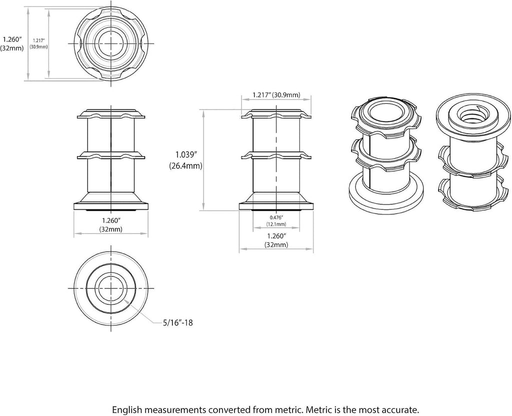 Outwater Industries Double Star Threaded Caster Insert | Heat Treated Steel | Fits 1-1/4 Inch Round 16-18 Gauge Tube | Thread: 5/16-18 | 100 Pack