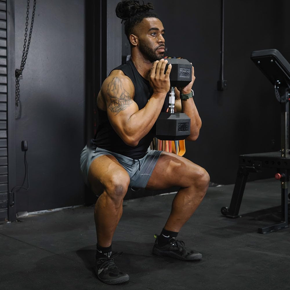 Titan Fitness Pair Rubber Coated Hex Dumbbells, Roll-Resistant Hexagonal Free Weights, Chrome-Coated Handles with Knurling, Strength Training Equipment
