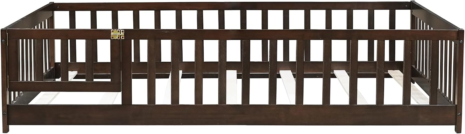 Bellemave Full Size Floor Bed with Door and Fence for Kids, Montessori Floor Bed with Slats and Safety Guardrails,Solid Wood Full Bed Frame for Girls Boys(Full,Espresso)