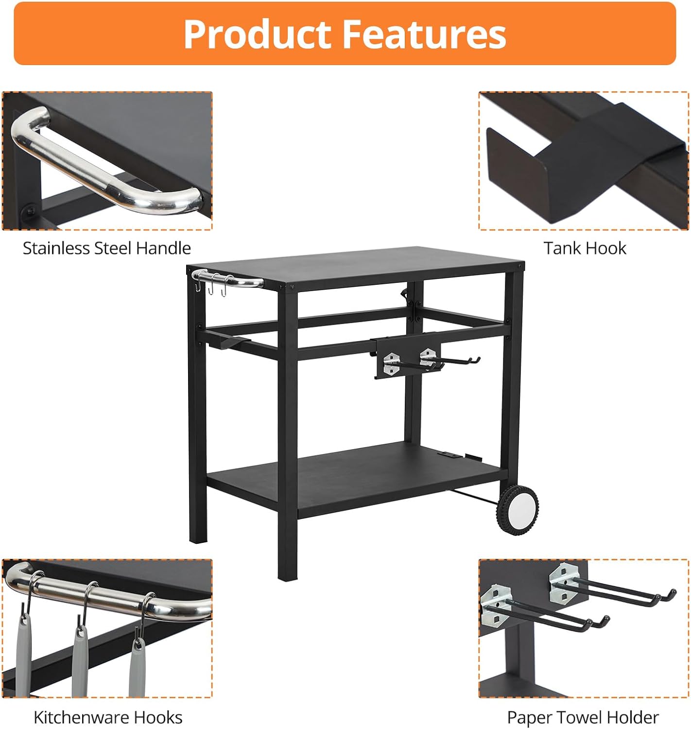 Outdoor Grill Cart - Portable Barbecue Table with Rolling Wheels, Hooks, Double Shelves, Removable Steel Flat Top Work Surface, Side Handles, Multifunctional Commercial Design