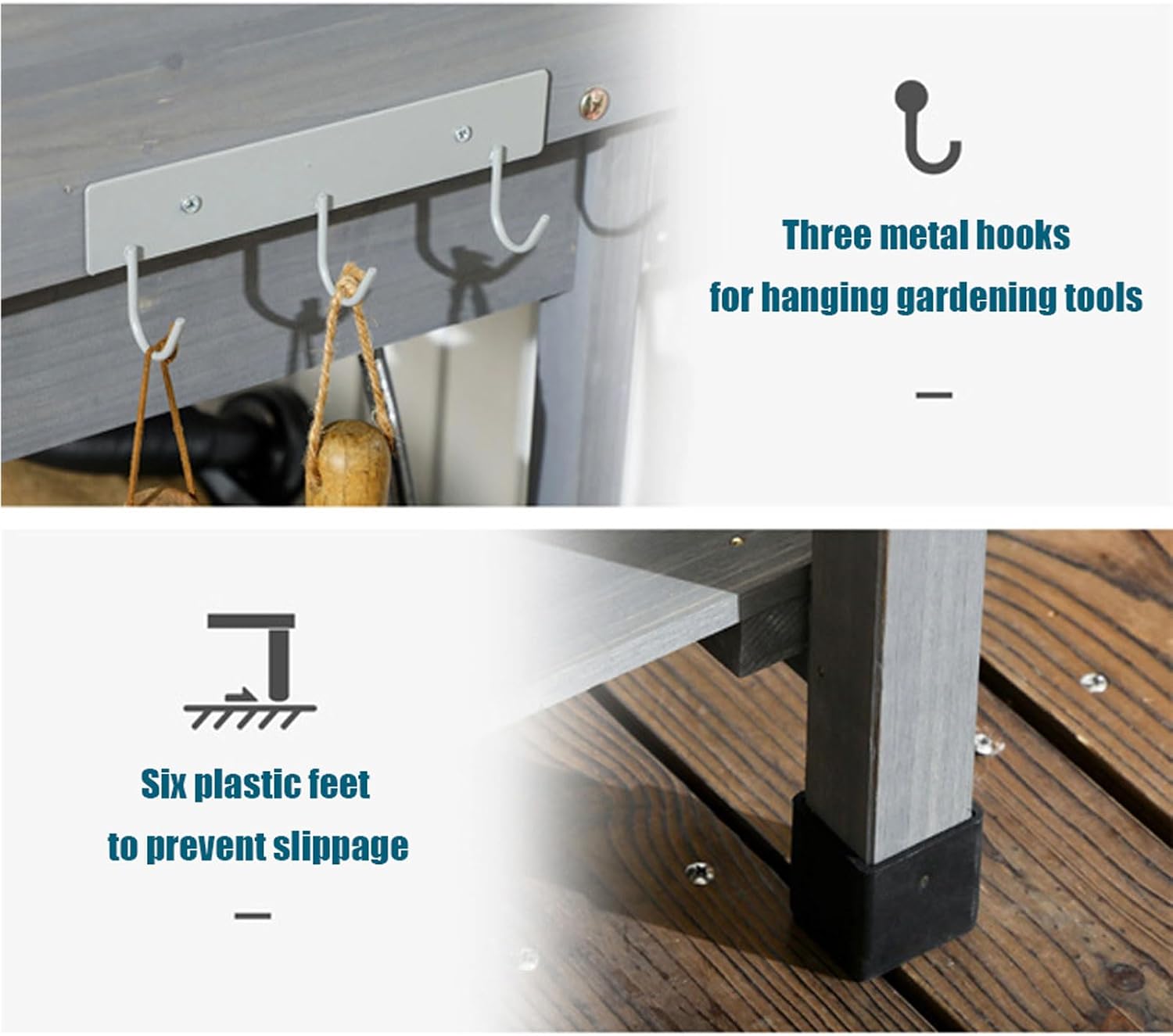 Gray Potting Bench Table with Removable Sink and Faucet, Wooden Outdoor Potters Benches with Drawer, Open Shelves, Hooks, Garden Workstation for Outside Lawn Patio