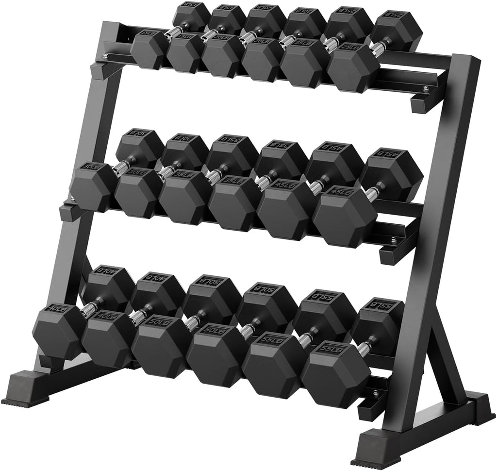 RitFit Rubber Coated Hex Dumbbell Set with Rack, 5-780LB for Home Gym Strength Training, Anti-Slip Knurled Handle, Hexagon Anti-Roll, Heavy-Duty Storage Rack