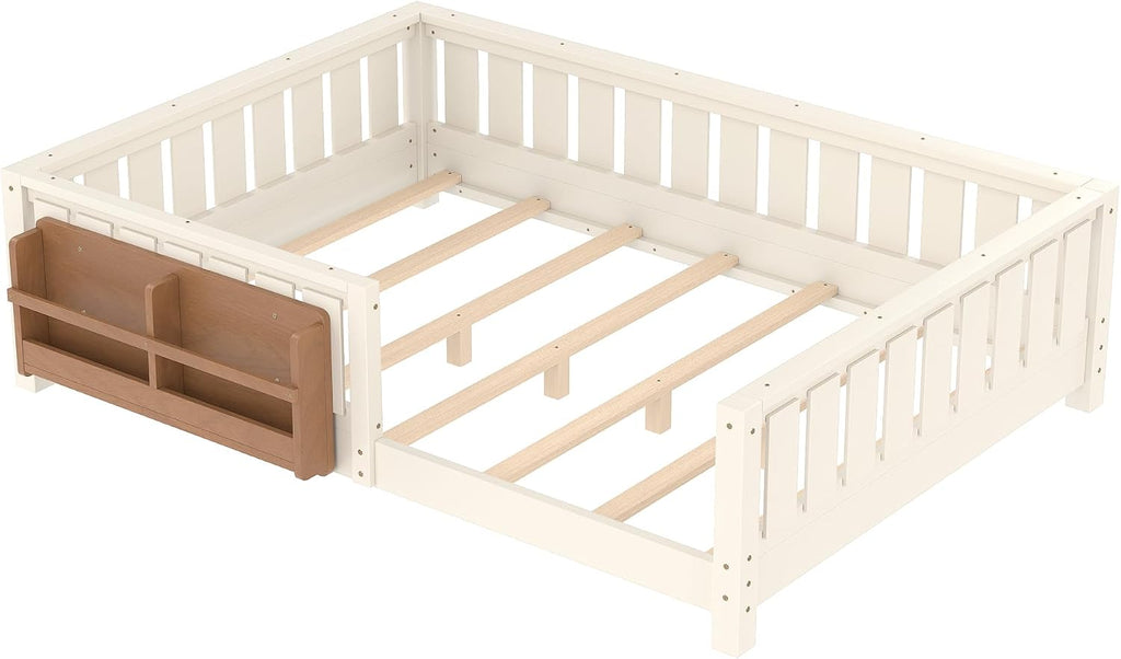 Bellemave Full Size Floor Bed with Slats and Safety Guardrail, Beige
