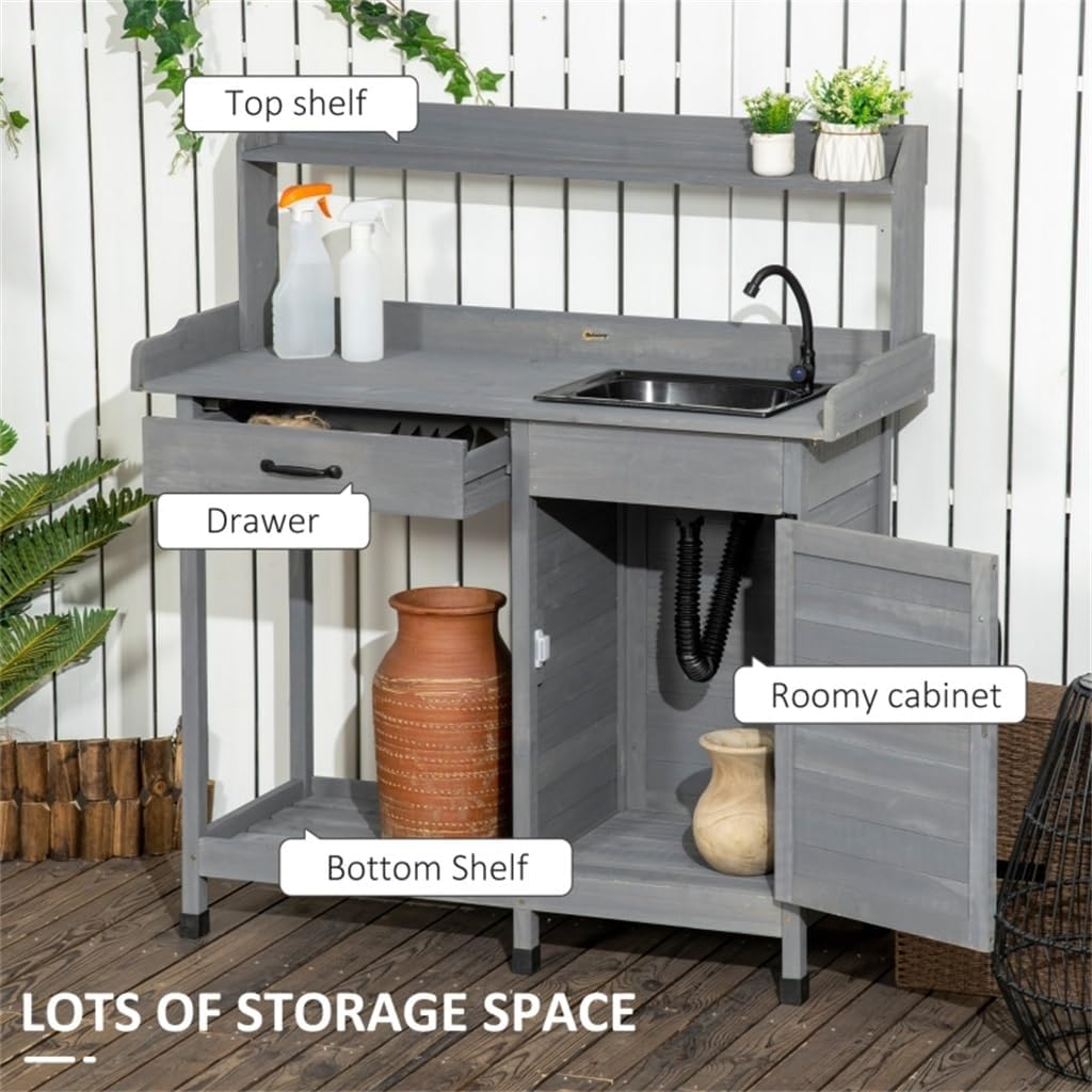 Potting Bench Table with Faucet, Sink, Hooks and Storage Cabinet, Outdoor Prep Gardening