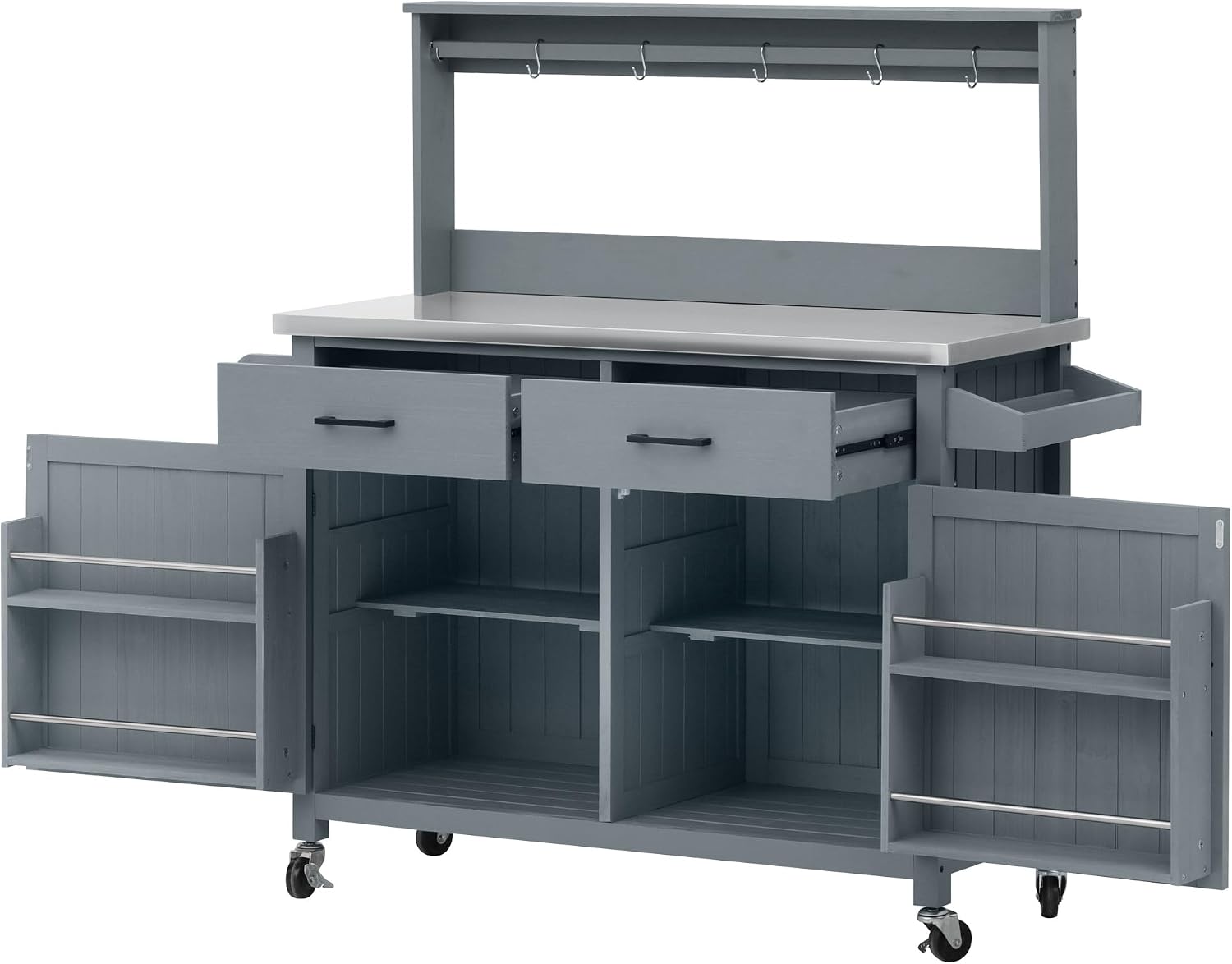54.1' Outdoor Kitchen Island with Stainless Steel Top and High Shelf, Solid Wood Grill Cart with Lockable Wheels and Cabinet for BBQ, Outdoor Potting Bench Table for Garden, Gray Blue