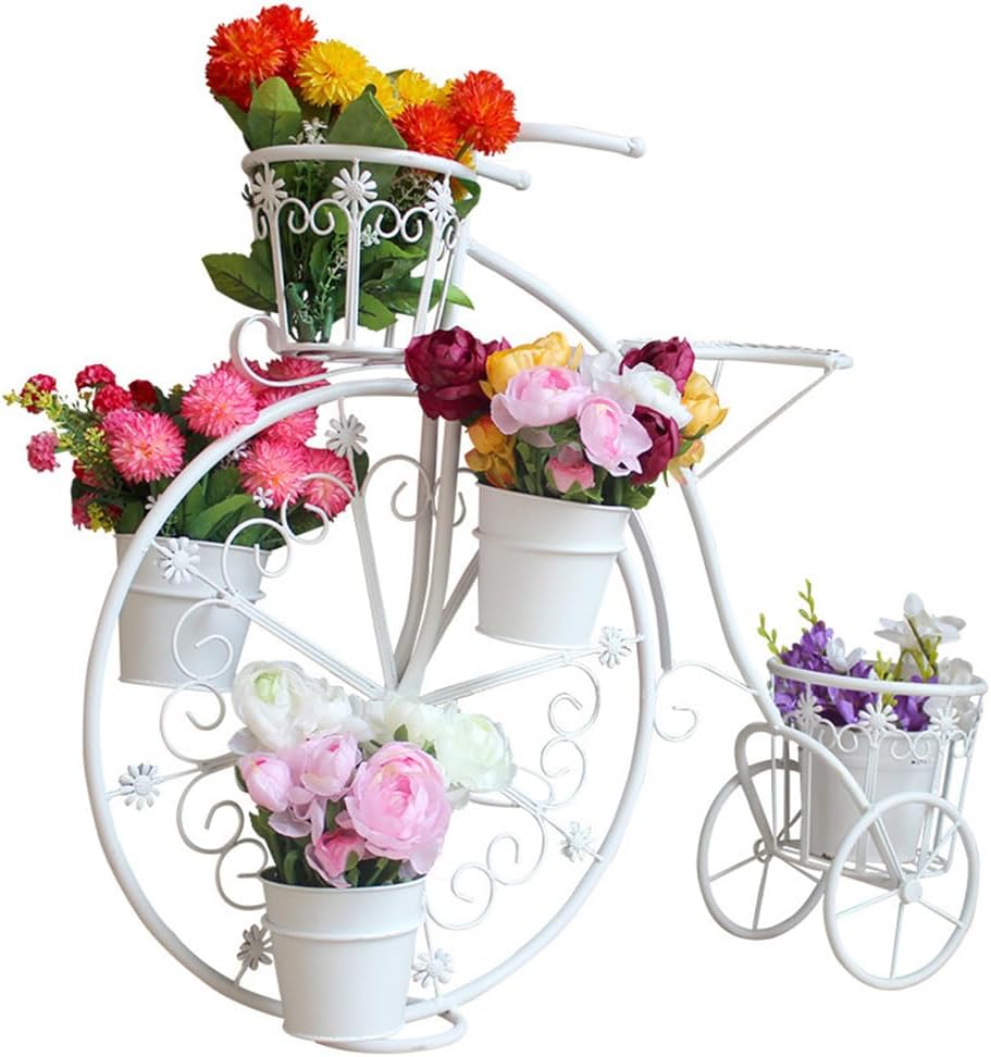 Moveable Plant Shelf for Indoor Outdoor,Heavy Duty Metal Multiple Plant Rack Holder,Creative European Style Bicycle Iron Flower Stand,Outdoor Garden Potting Bench Table,for Patio, Balcony,White