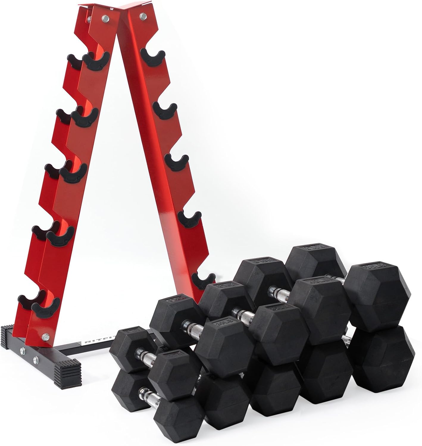 RitFit Rubber Coated Hex Dumbbell Set with Rack, 5-780LB for Home Gym Strength Training, Anti-Slip Knurled Handle, Hexagon Anti-Roll, Heavy-Duty Storage Rack