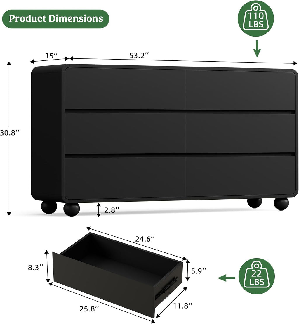 Lulive Wood Dresser for Bedroom, 53' Wide Chest of Drawers with 6 Drawers, Modern Closet Storage Drawer with Curved Profile Design for Living Room, Hallway, Entryway, Black
