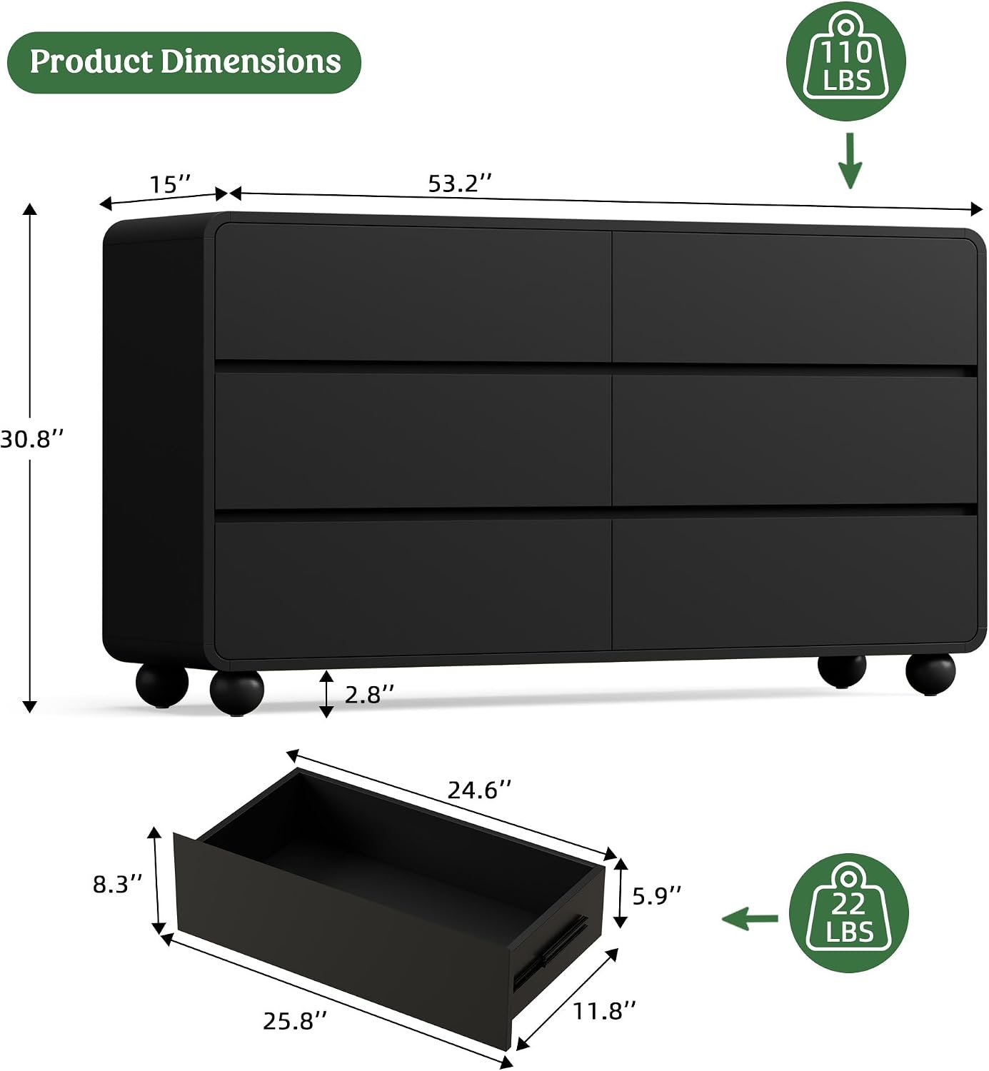 Lulive Wood Dresser for Bedroom, 53' Wide Chest of Drawers with 6 Drawers, Modern Closet Storage Drawer with Curved Profile Design for Living Room, Hallway, Entryway, Black