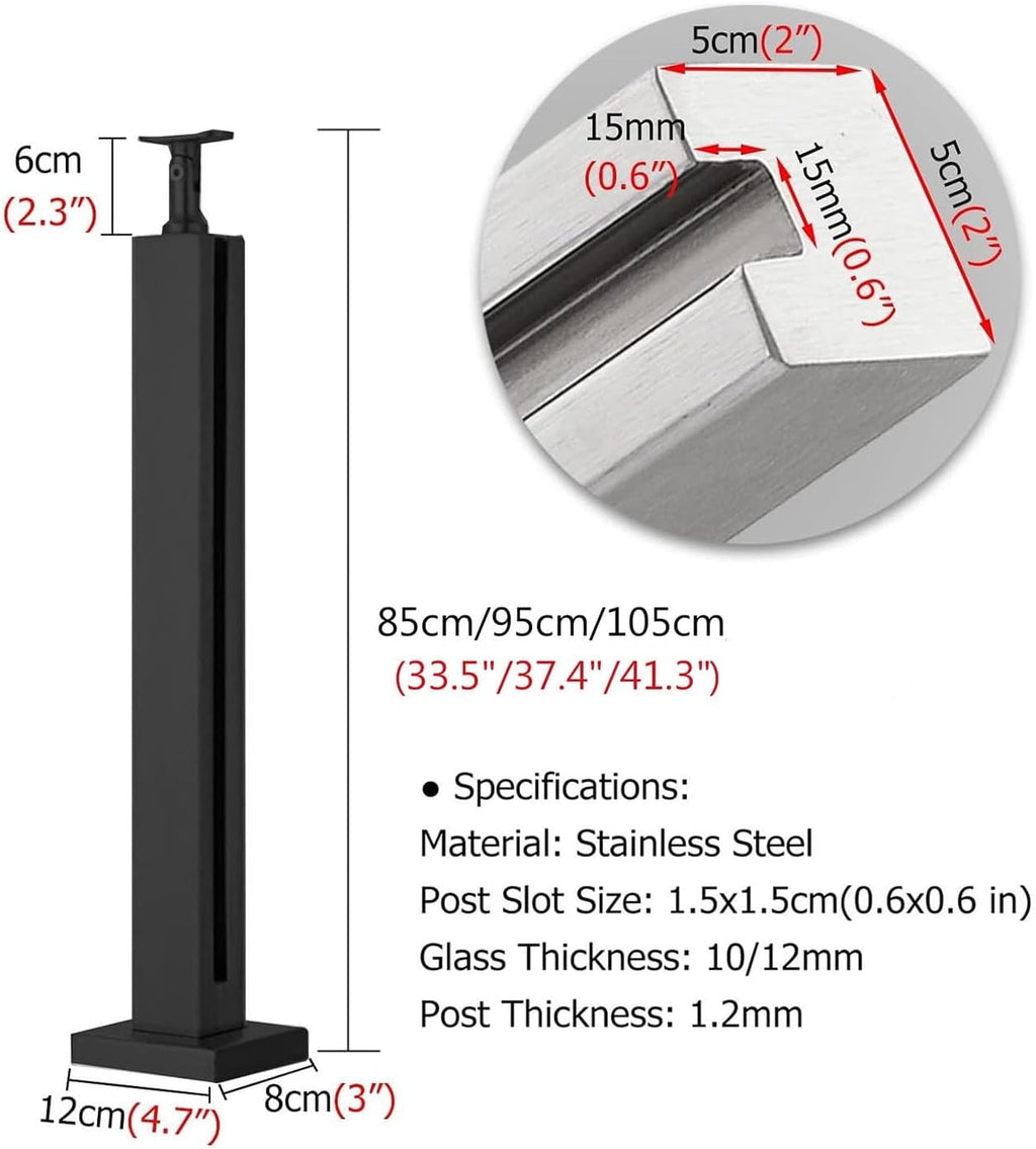 Black Glass Railing Post，for Indoor Outdoor, Heavy Duty Floor Standing Square Balustrade System, Deck Balcony Loft Guardrails，3/8' Or 1/2' Thick Tempered Glass Panels ( Color : Mid Post , Size : Heigh