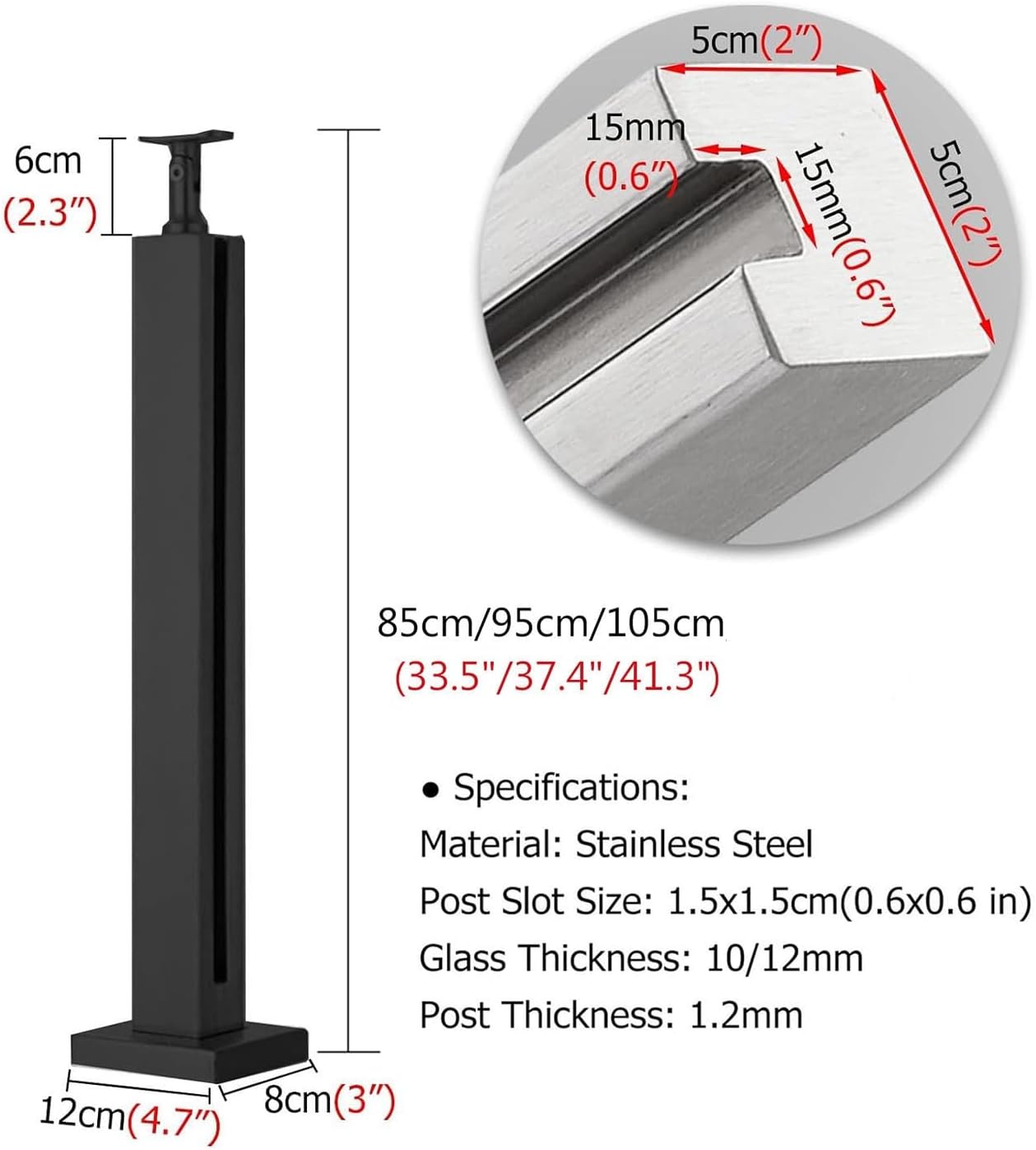 Black Glass Railing Post，for Indoor Outdoor, Heavy Duty Floor Standing Square Balustrade System, Deck Balcony Loft Guardrails，3/8' Or 1/2' Thick Tempered Glass Panels ( Color : Mid Post , Size : Heigh