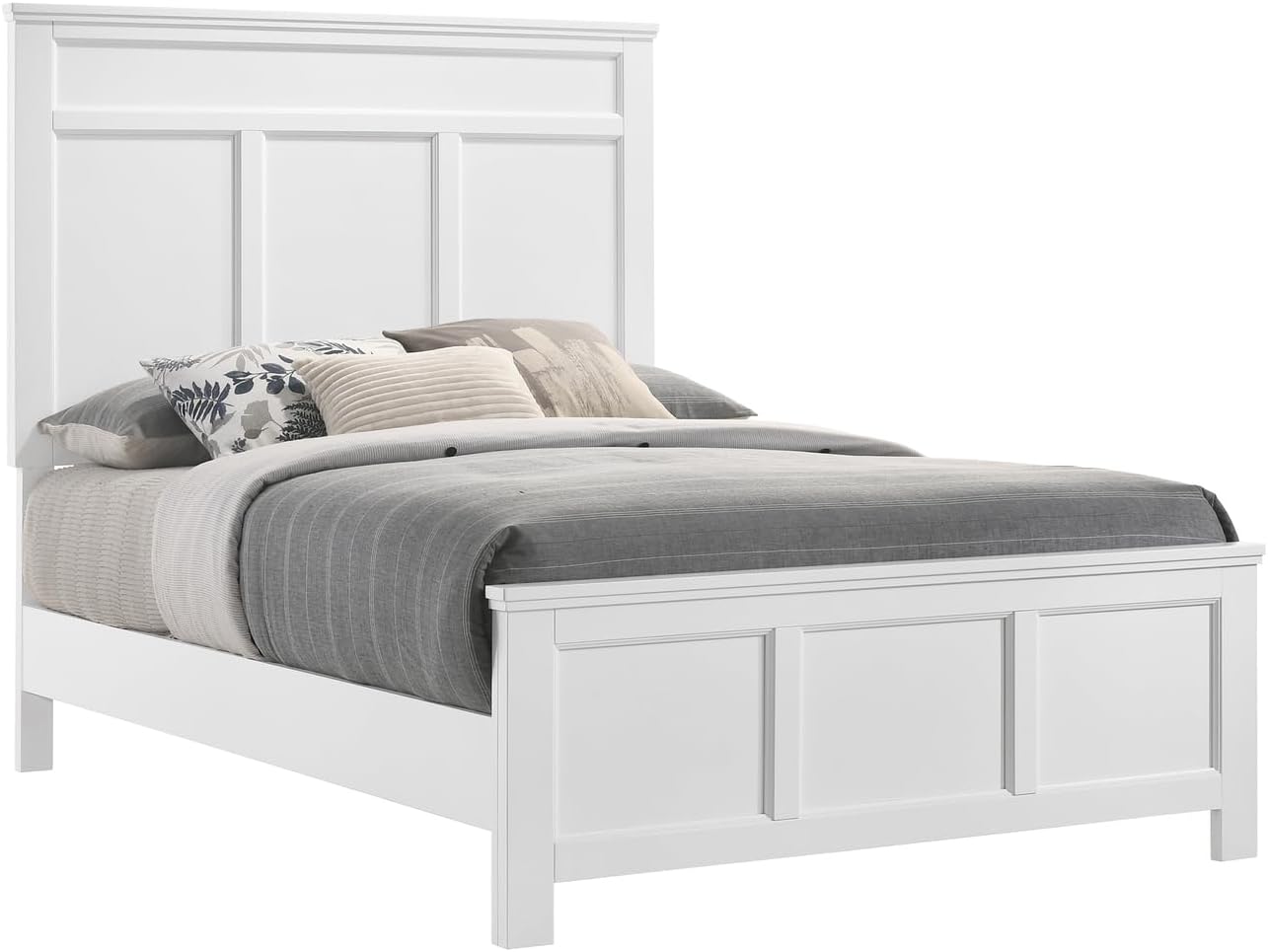 HomeStock Wood Panel Bed - White Finish - Bedroom Furniture with Headboard Full