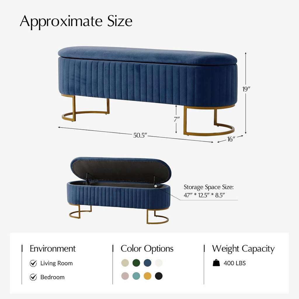 EcoHarbor Living 50.5' Velvet Bedroom Storage Bench Ottoman, Upholstered End of Bed Bench with Gold Legs, Flipping Lid Entryway Footrest Seat, Navy