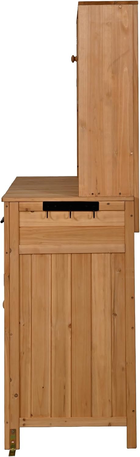 Potting Bench with Hutch, 65' H Solid Fir Wood Garden Workstation, Large Countertop,Patio Kitchen Island with Adjustable Shelves,Spice Rack, Side Hook and Drawer (Natural-Drawer)