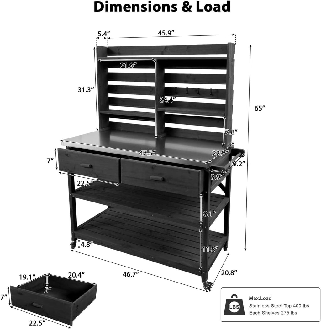 64.9' H Outdoor Potting Bench Table with Lockable Wheels, 52' W×22.2' D×64.9' H, Solid Fir Wood, Stainless Steel Top, 2 Drawers, Outdoor Storage for Grilling/Gardening, Black