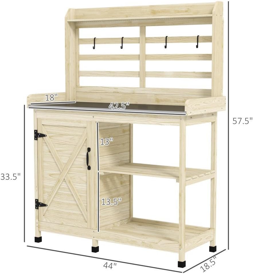 Premium Wooden Potting Bench with Built-in Sink, Adjustable Shelf, Tool Hooks, and Ample Storage for Gardeners (Natural Wood + Wood)