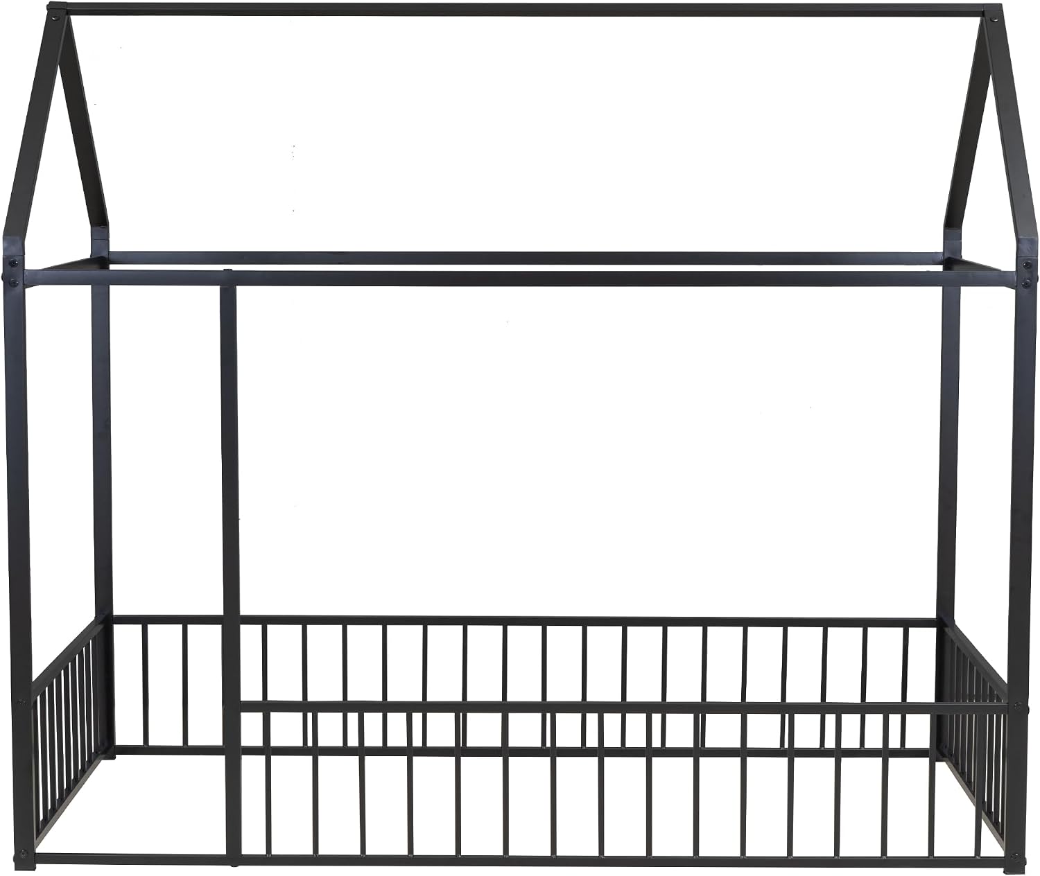 Bellemave Twin Size House Floor Montessori Bedframe with Rails and roof, Metal House Bed for Kids, Montessori Floor Beds for Kids, Black