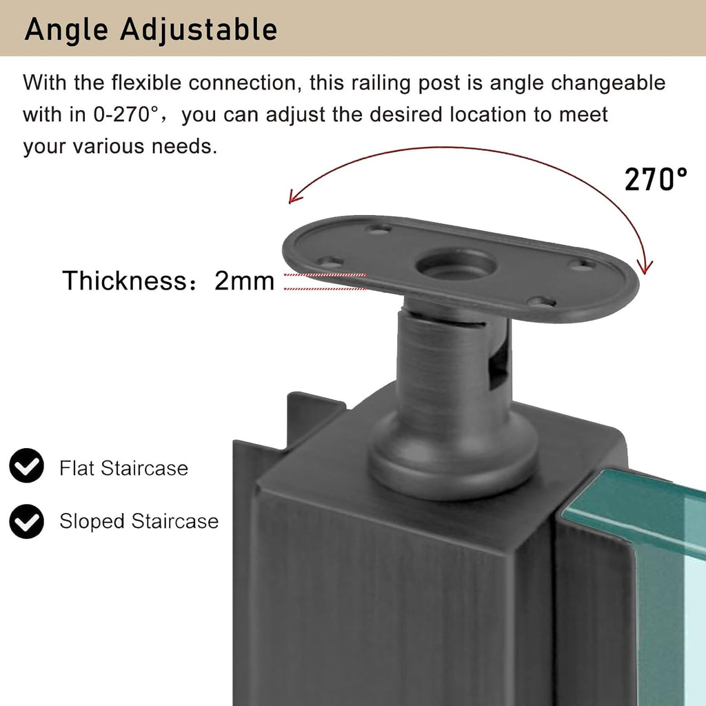 Stairs Railing Post for Square Handrail, Glass Railing Post System for 10mm 12mm Toughened Glass, Stair Landing Entryway Gate Glass Black Railing Posts(Black End Post,65cm/25.5in)
