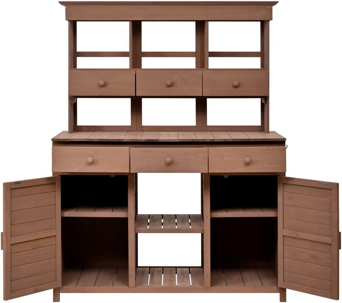 JIJIWANG 65.7'' H Tall Garden Potting Bench Table with Hutch,Patio Storage Workstation with 3 Shelves,6 Drawers,2 Bottom Cabinets&Side Hooks for Mudroom,Doorway, Brown