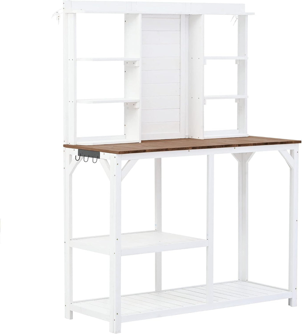64.6' Outdoor Large Potting Bench Table,Wood Workstation with 6-Tier Shelves and Large Tabletop,Backsplash and Side Hook,for Mudroom Backyard Garden Patio (White@Shelves)