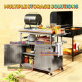 Outdoor Grill Table with Stainless Steel Top, Solid Wood Kitchen Island with Wheels, Spice Rack and Towel Holder, Outdoor Serving Cart Potting Table for Patio, BBQ, Kitchen, Grey
