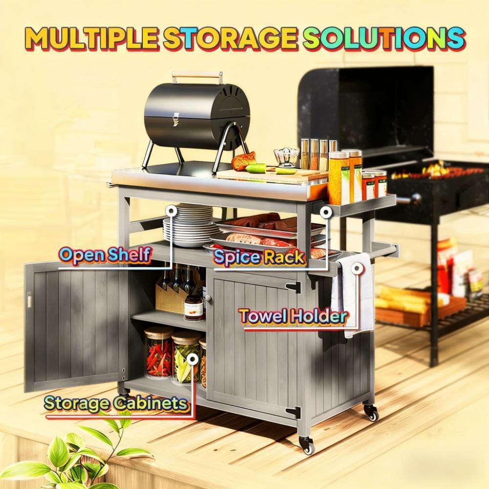 Outdoor Grill Table with Stainless Steel Top, Solid Wood Kitchen Island with Wheels, Spice Rack and Towel Holder, Outdoor Serving Cart Potting Table for Patio, BBQ, Kitchen, Grey