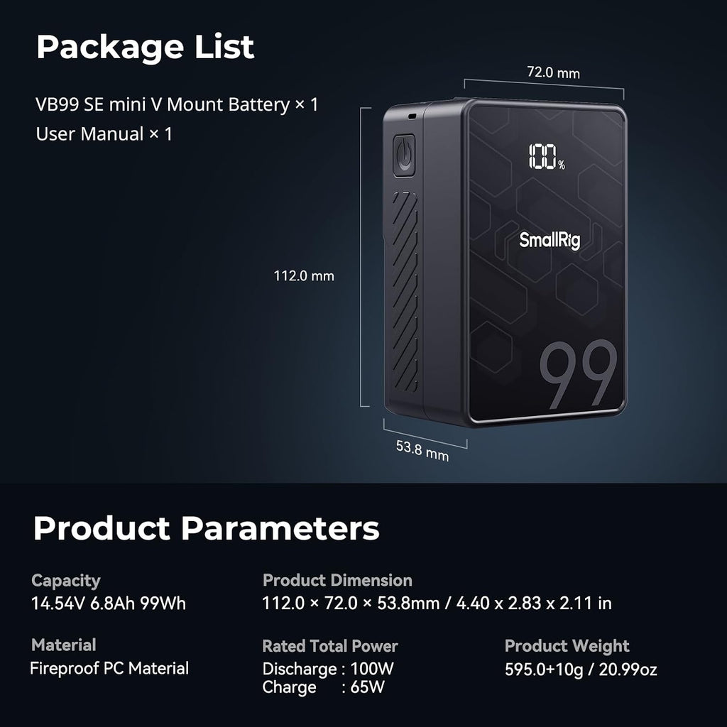 SMALLRIG V Mount Battery, 99Wh / 6800mAh V Mount Battery with 65W Output, 2.5H Full Charge, PD 3.0 USB-C Fast Charging, for Filmmakers, Cameras, Camcorders, Phones, Monitors, Video Lights