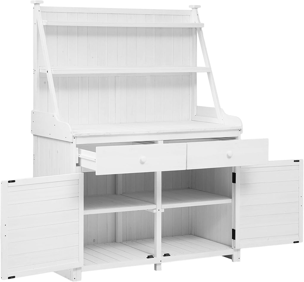 65 inch Garden Potting Bench with Storage Shelf, Drawer and Cabinet White Fir Wood Outdoor Plant Workstation Table, Heavy Duty Gardening Bench for Tools Organization Backyard Patio