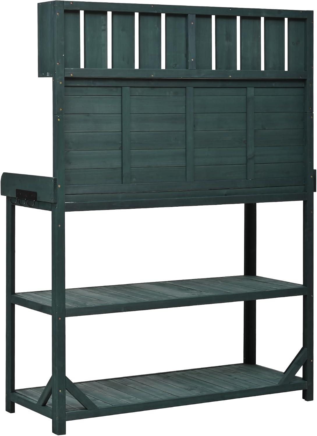 Farmhouse Outdoor Garden Potting Bench Table, Wood Large Patio Workstation, Potting Bench with 4 Storage Shelves and Side Hook for Patio, Backyard and Porch (Forest Green, 65')