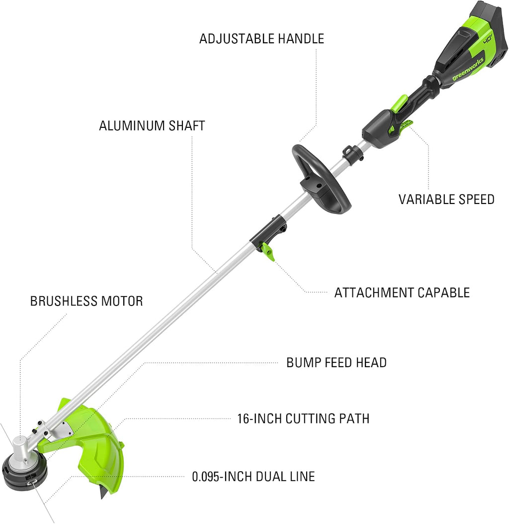 Greenworks 40V 16' Brushless Attachment Capable Cordless String Trimmer, 2-Speed Variable Trigger, Lightweight 25% Lighter Than Gas, 4.0Ah Battery and Charger Included