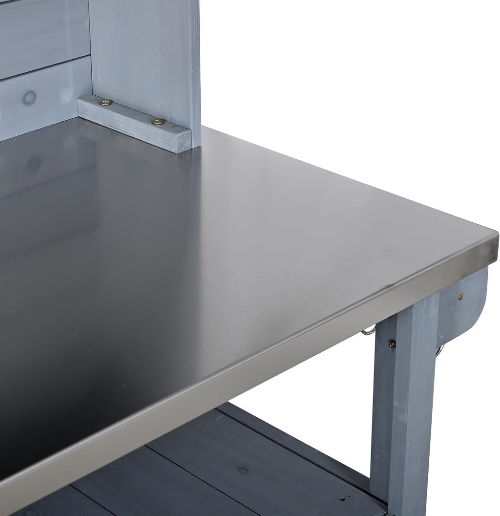 Merax Potting Bench with Stainless Steel top, 65''H Outdoor Kitchen Island on Wheels with Storage-Multifunctional Kitchen Island Cart/Potting Table Workstation Benches,Gray